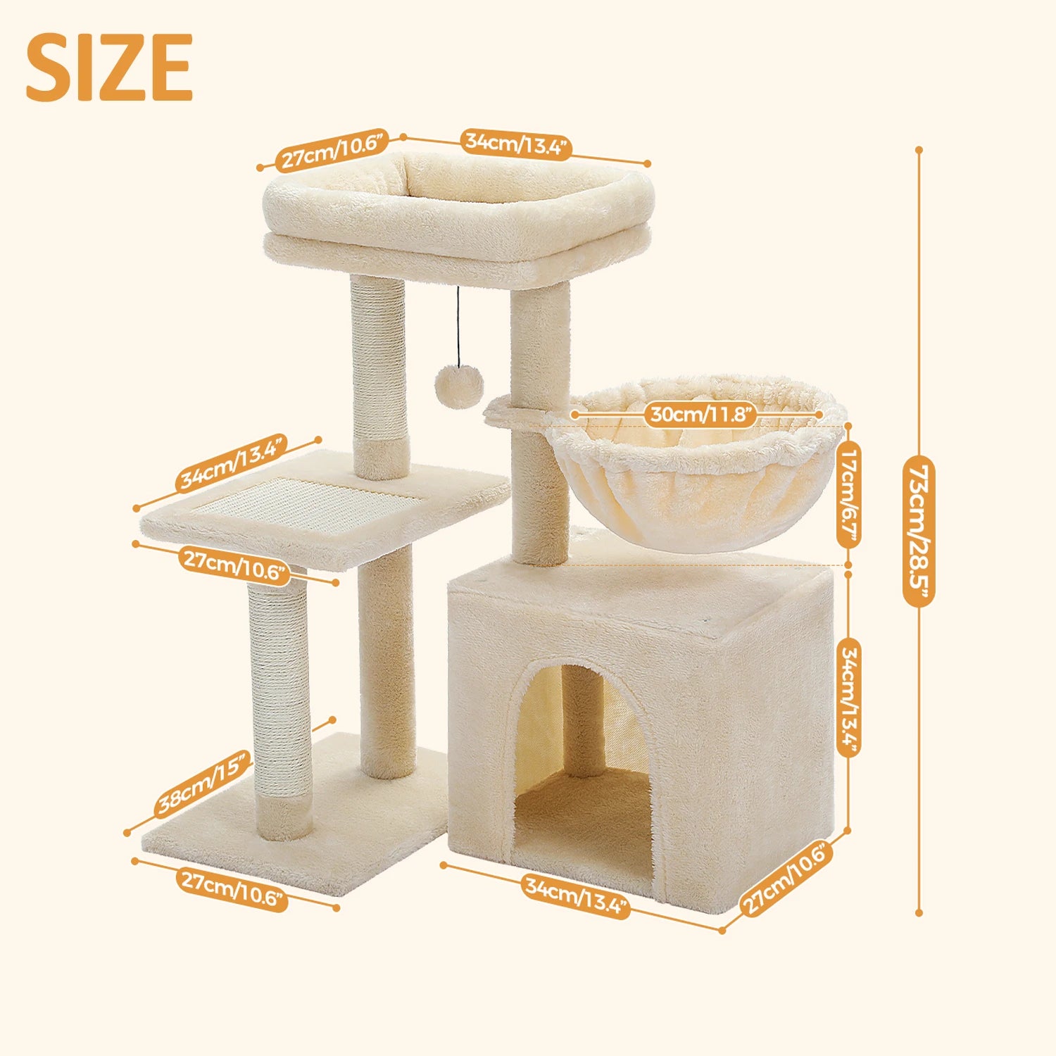 Luxury Multi-Level Cat Tree Tower | Large Condo, Sturdy Scratching Posts & Removable Perch Bed|31.5 in. Tall