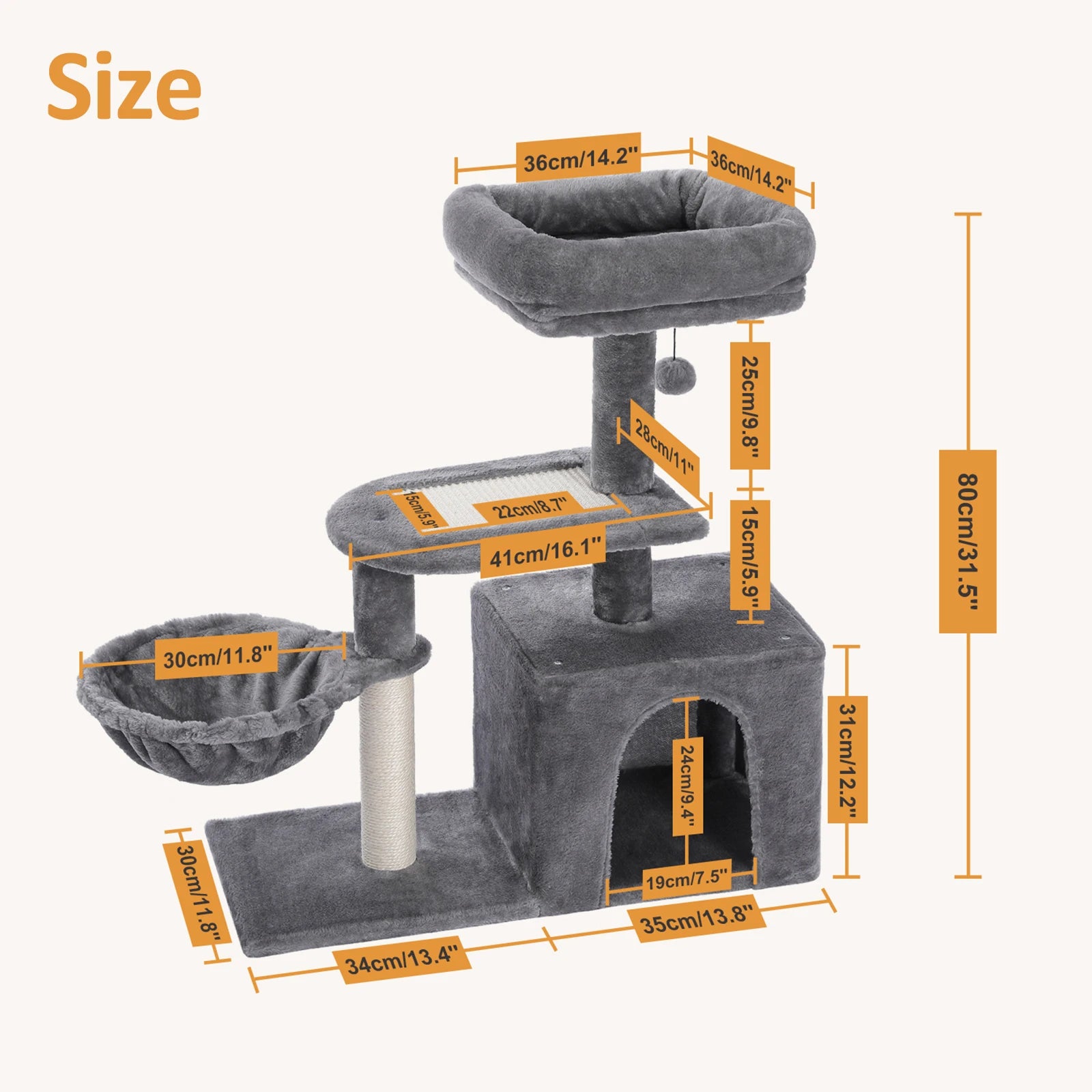 Luxury Multi-Level Cat Tree Tower | Large Condo, Sturdy Scratching Posts & Removable Perch Bed|31.5 in. Tall