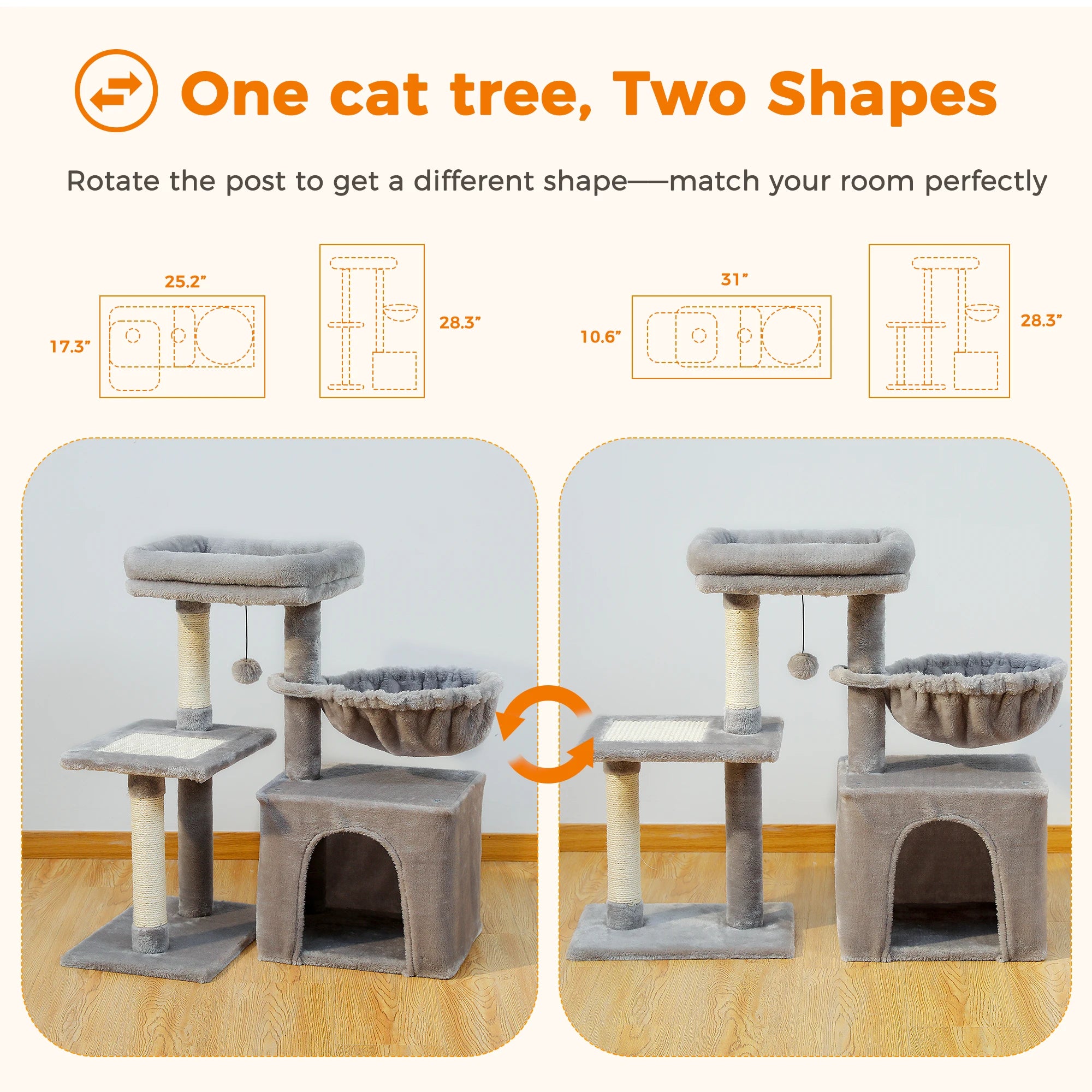 Luxury Multi-Level Cat Tree Tower | Large Condo, Sturdy Scratching Posts & Removable Perch Bed|31.5 in. Tall