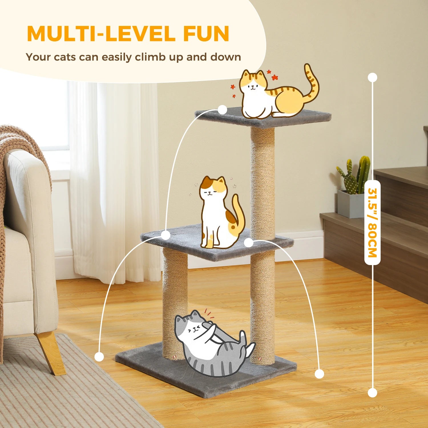 Luxury Multi-Level Cat Tree Tower | Large Condo, Sturdy Scratching Posts & Removable Perch Bed|31.5 in. Tall