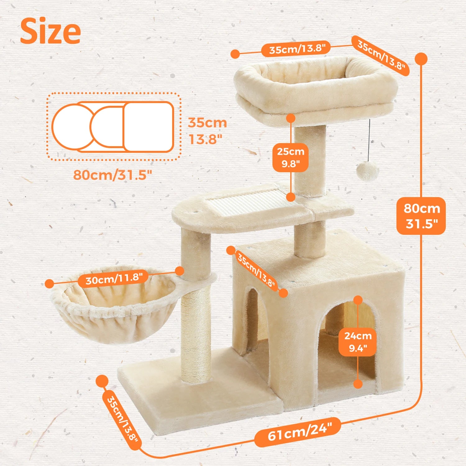 Luxury Multi-Level Cat Tree Tower | Large Condo, Sturdy Scratching Posts & Removable Perch Bed|31.5 in. Tall