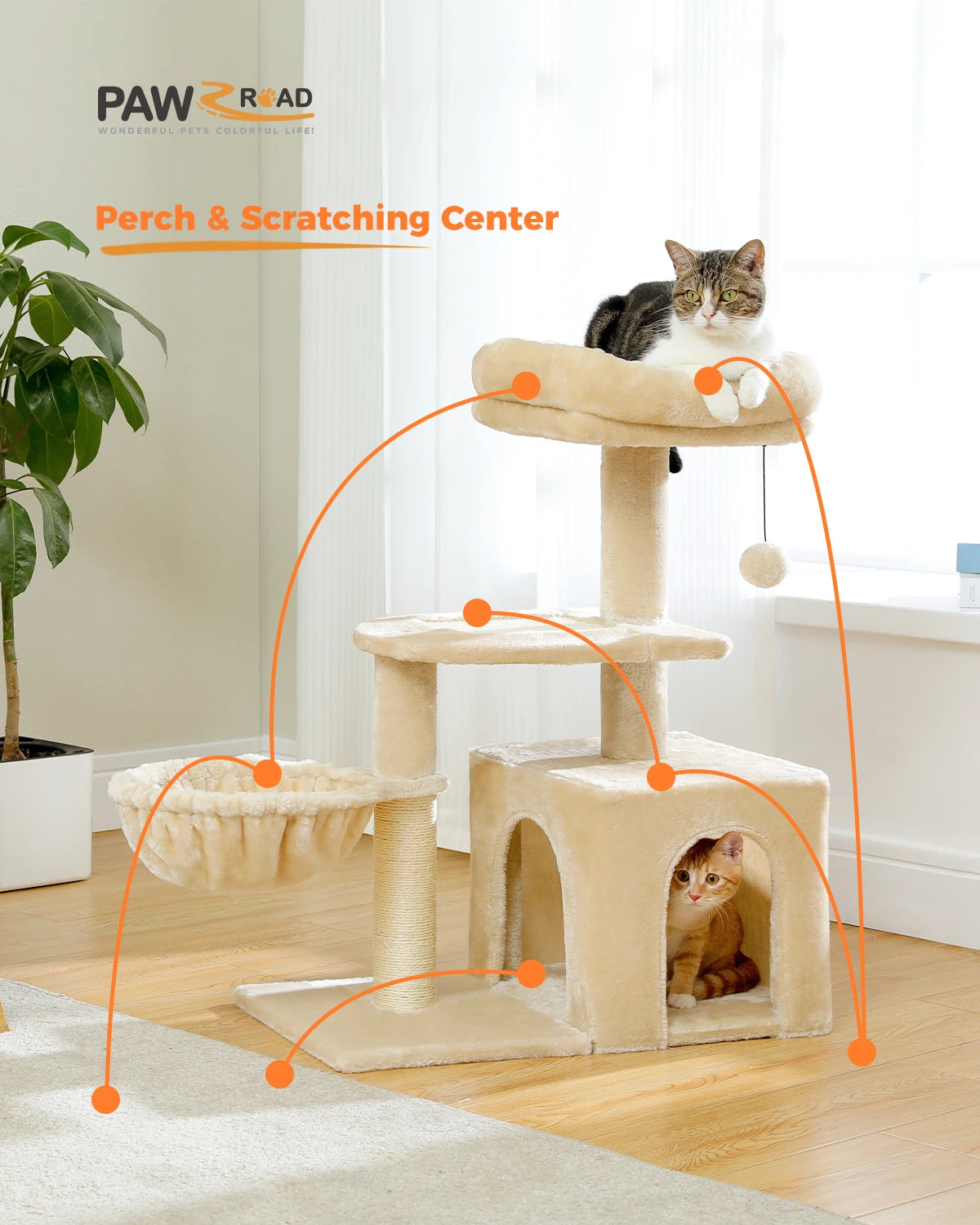 Luxury Multi-Level Cat Tree Tower | Large Condo, Sturdy Scratching Posts & Removable Perch Bed|31.5 in. Tall