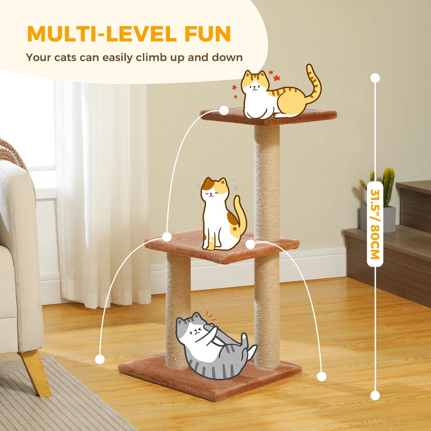 Luxury Multi-Level Cat Tree Tower | Large Condo, Sturdy Scratching Posts & Removable Perch Bed|31.5 in. Tall