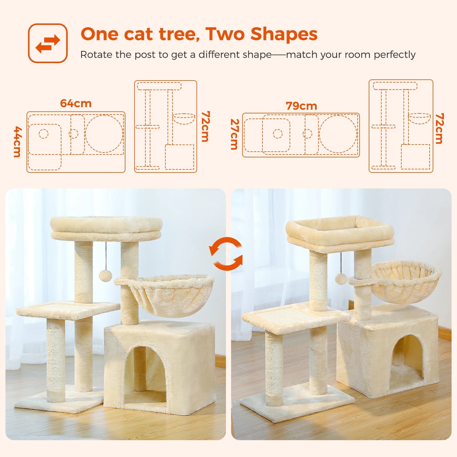 Luxury Multi-Level Cat Tree Tower | Large Condo, Sturdy Scratching Posts & Removable Perch Bed|31.5 in. Tall