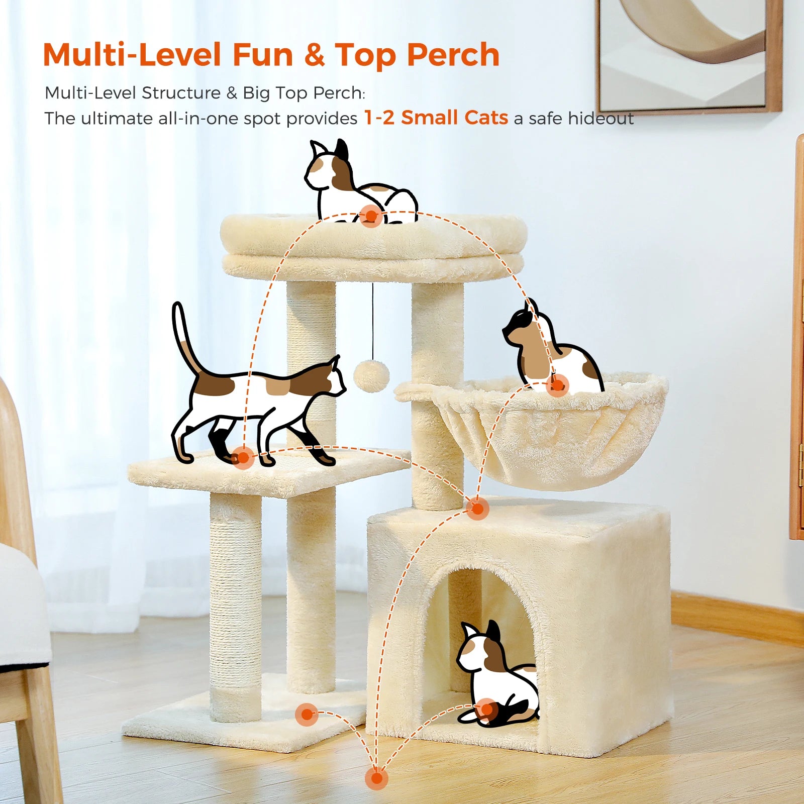 Luxury Multi-Level Cat Tree Tower | Large Condo, Sturdy Scratching Posts & Removable Perch Bed|31.5 in. Tall