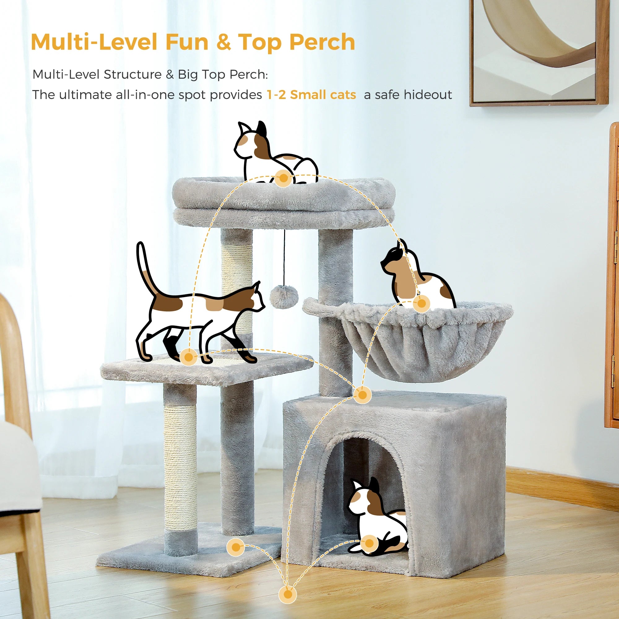 Luxury Multi-Level Cat Tree Tower | Large Condo, Sturdy Scratching Posts & Removable Perch Bed|31.5 in. Tall