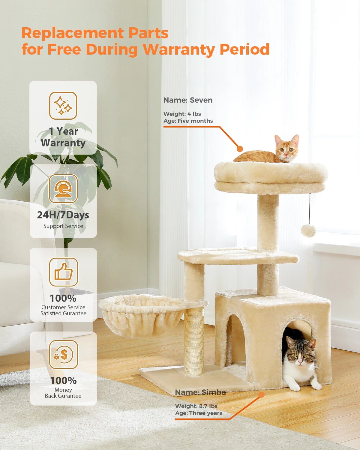 Luxury Multi-Level Cat Tree Tower | Large Condo, Sturdy Scratching Posts & Removable Perch Bed|31.5 in. Tall