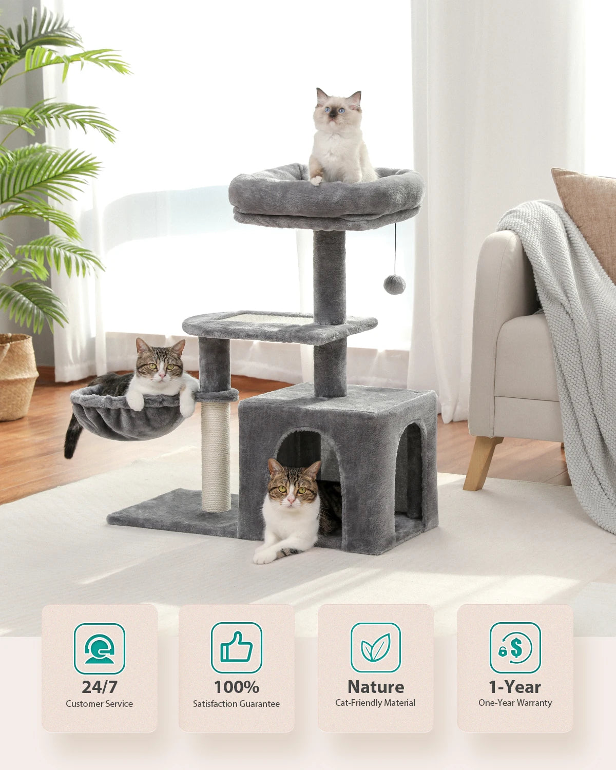 Luxury Multi-Level Cat Tree Tower | Large Condo, Sturdy Scratching Posts & Removable Perch Bed|31.5 in. Tall