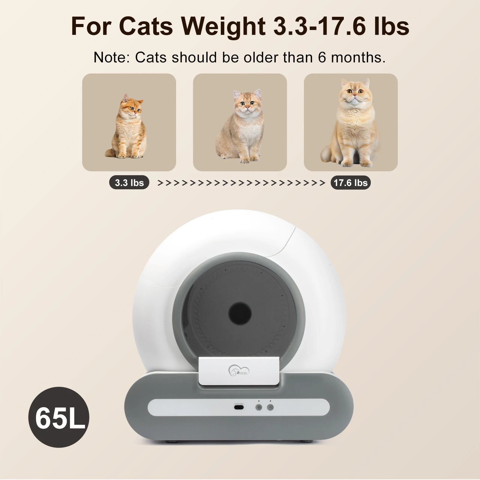 Automatic Self-Cleaning Litter Box (65L Total Capacity) | Smart App Control, Health Monitoring & Anti-Pinch Safety | Suitable for Cats 3.3-18 lbs
